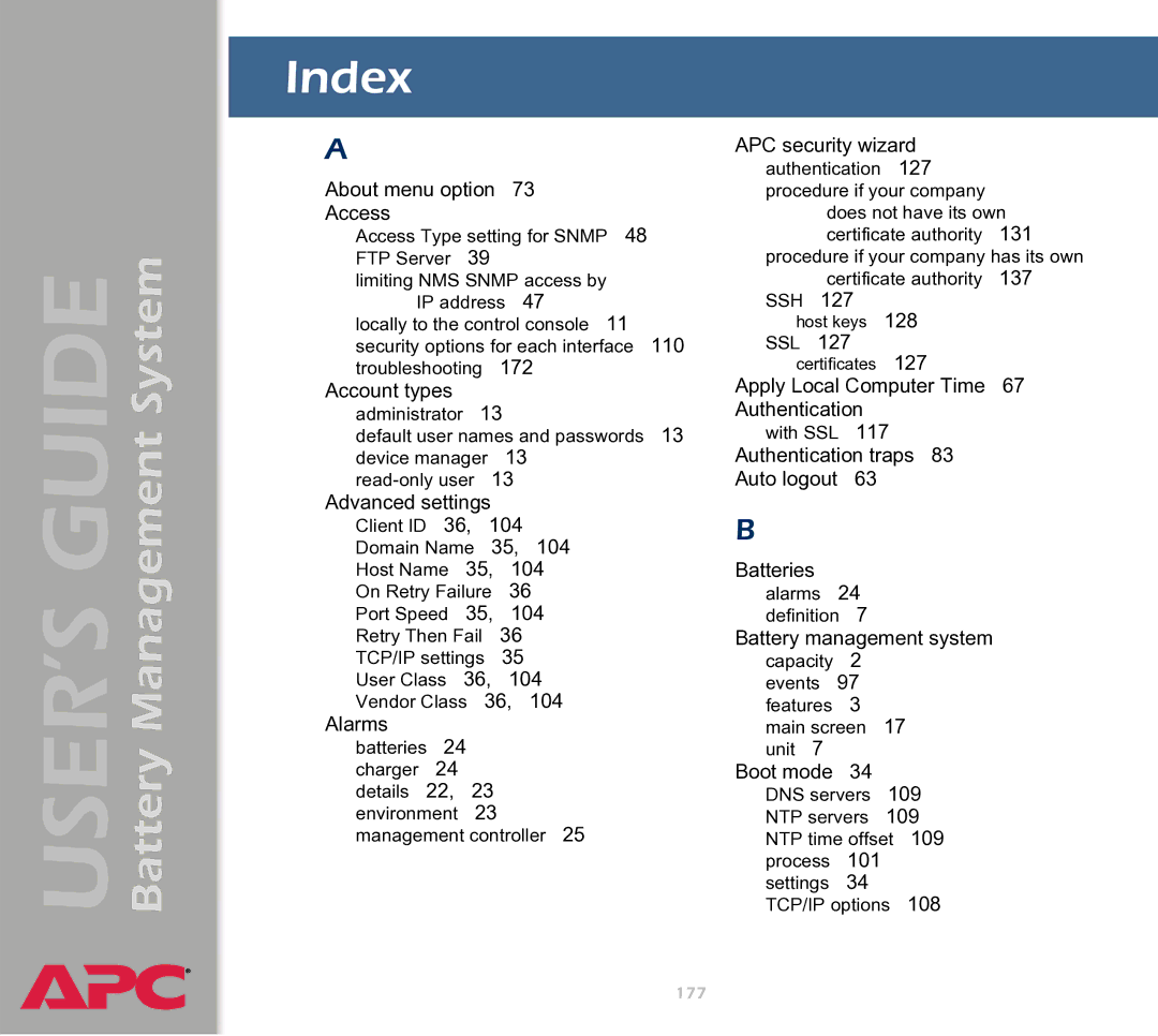 APC Battery Management System manual Index, About menu option Access 