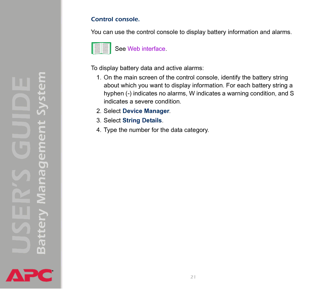 APC Battery Management System manual Control console, Select Device Manager Select String Details 