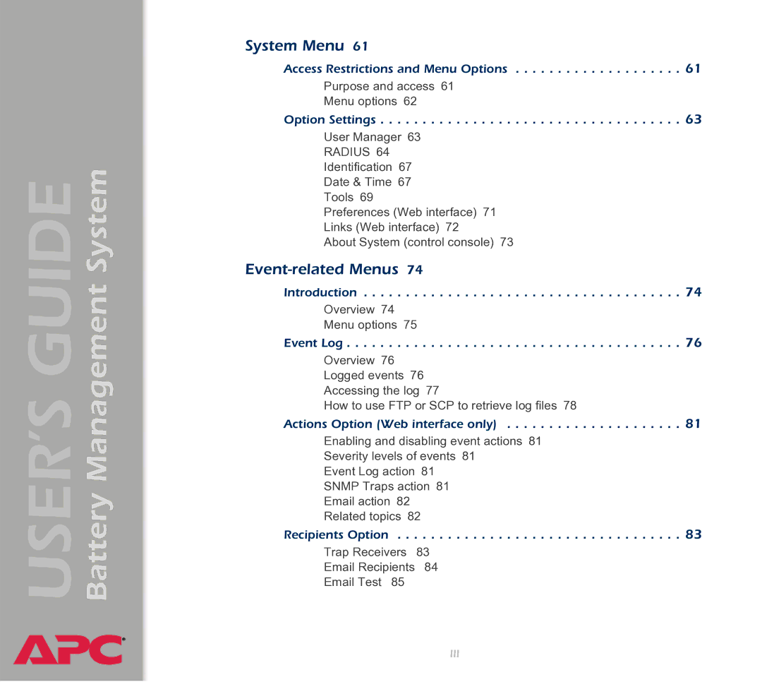 APC Battery Management System manual System Menu 