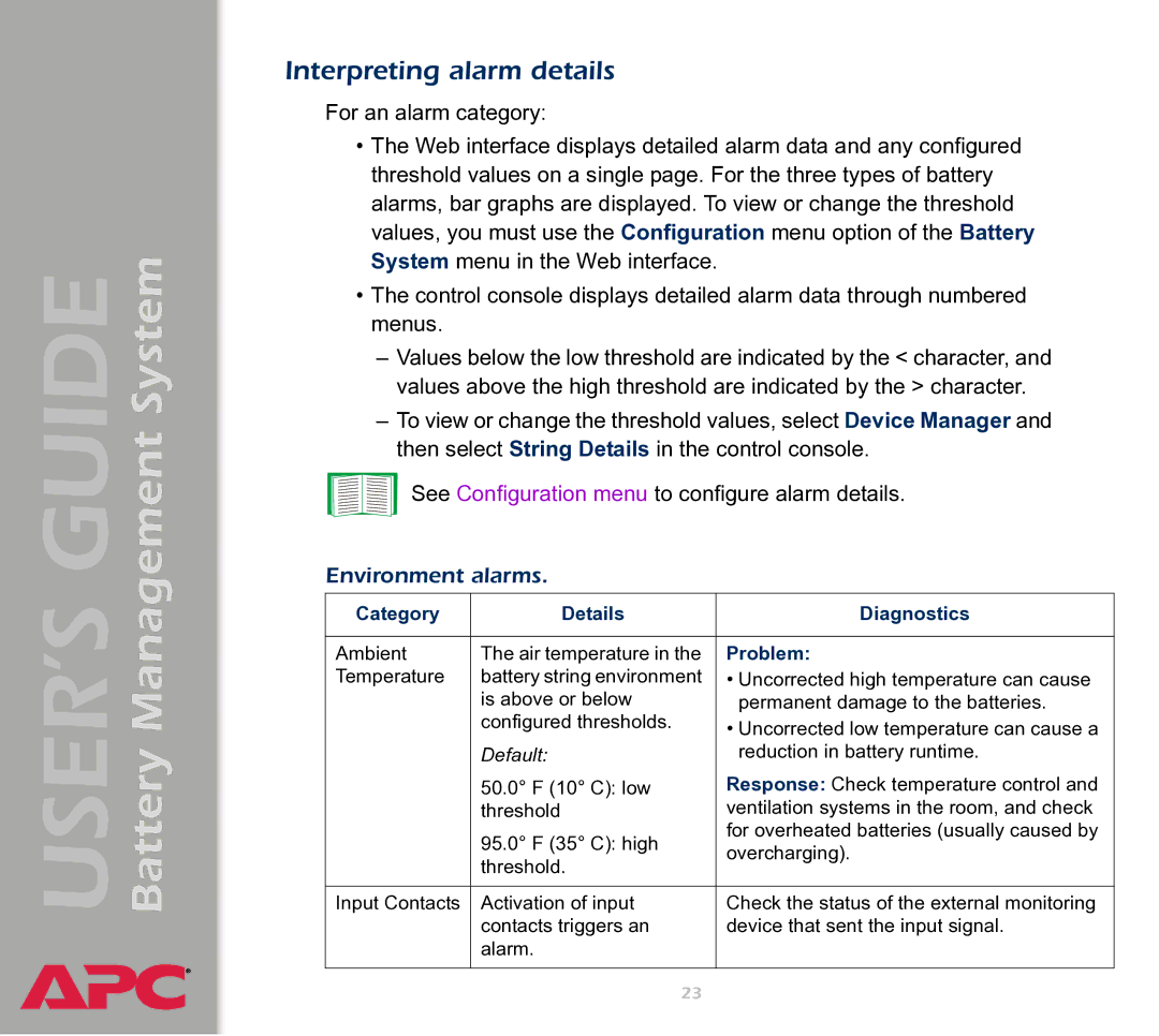 APC Battery Management System manual Interpreting alarm details, Category Details Diagnostics, Problem 