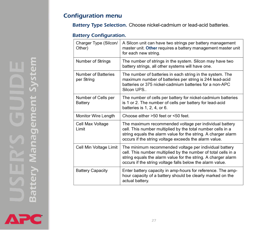 APC Battery Management System manual Configuration menu 