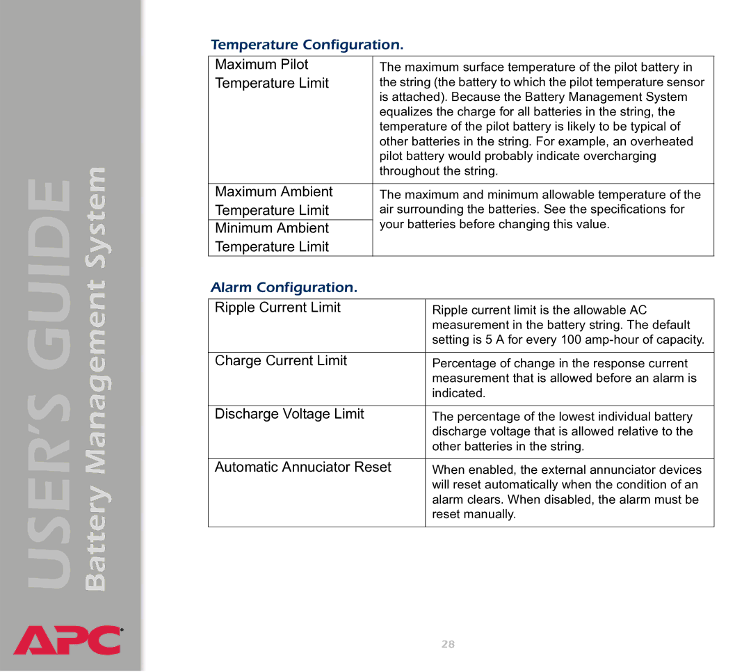 APC Battery Management System manual Temperature Configuration 