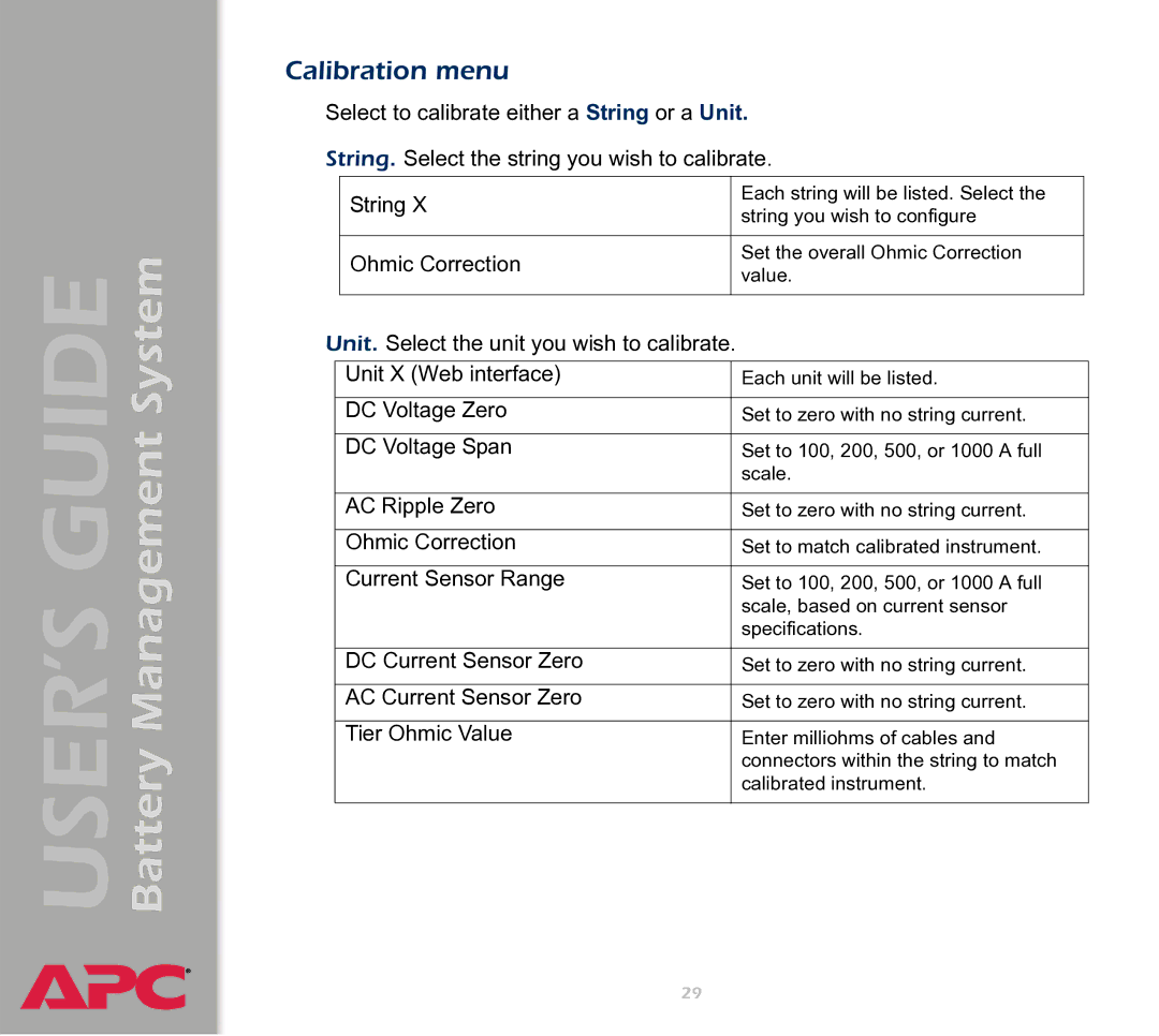 APC Battery Management System manual Calibration menu 