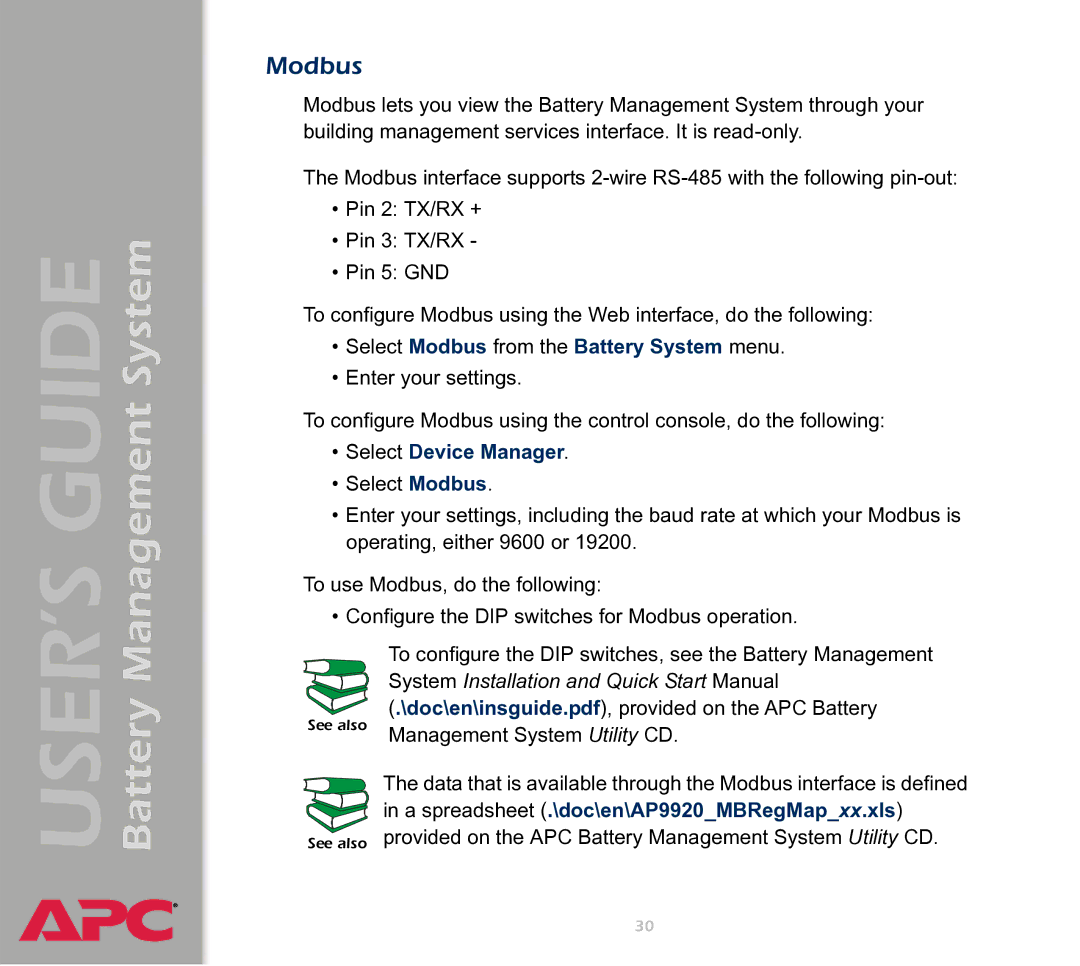 APC Battery Management System manual Select Modbus from the Battery System menu, Select Device Manager 