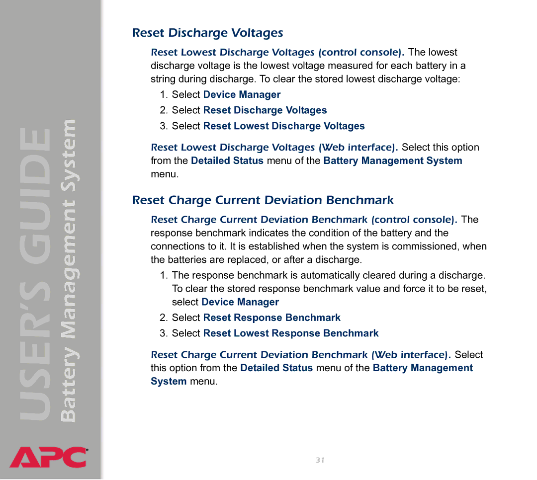 APC Battery Management System manual Reset Discharge Voltages, Reset Charge Current Deviation Benchmark 