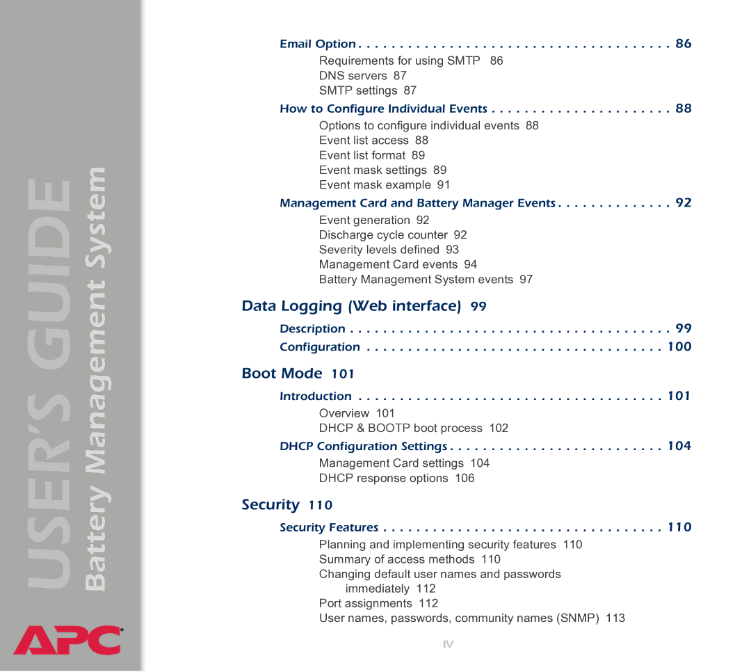 APC Battery Management System manual Data Logging Web interface 