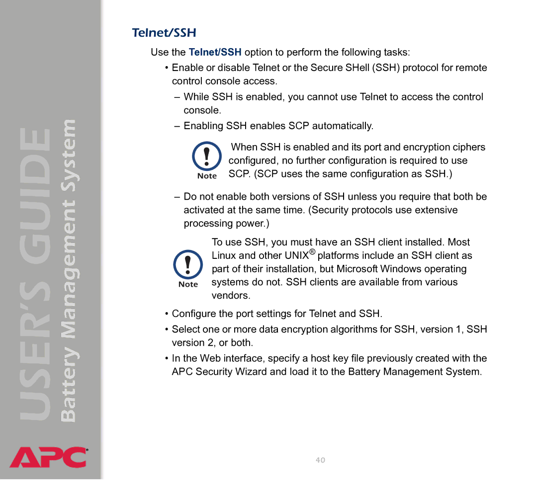 APC Battery Management System manual Telnet/SSH 