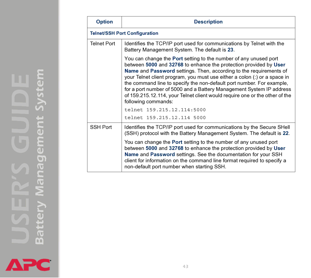 APC Battery Management System manual Telnet 