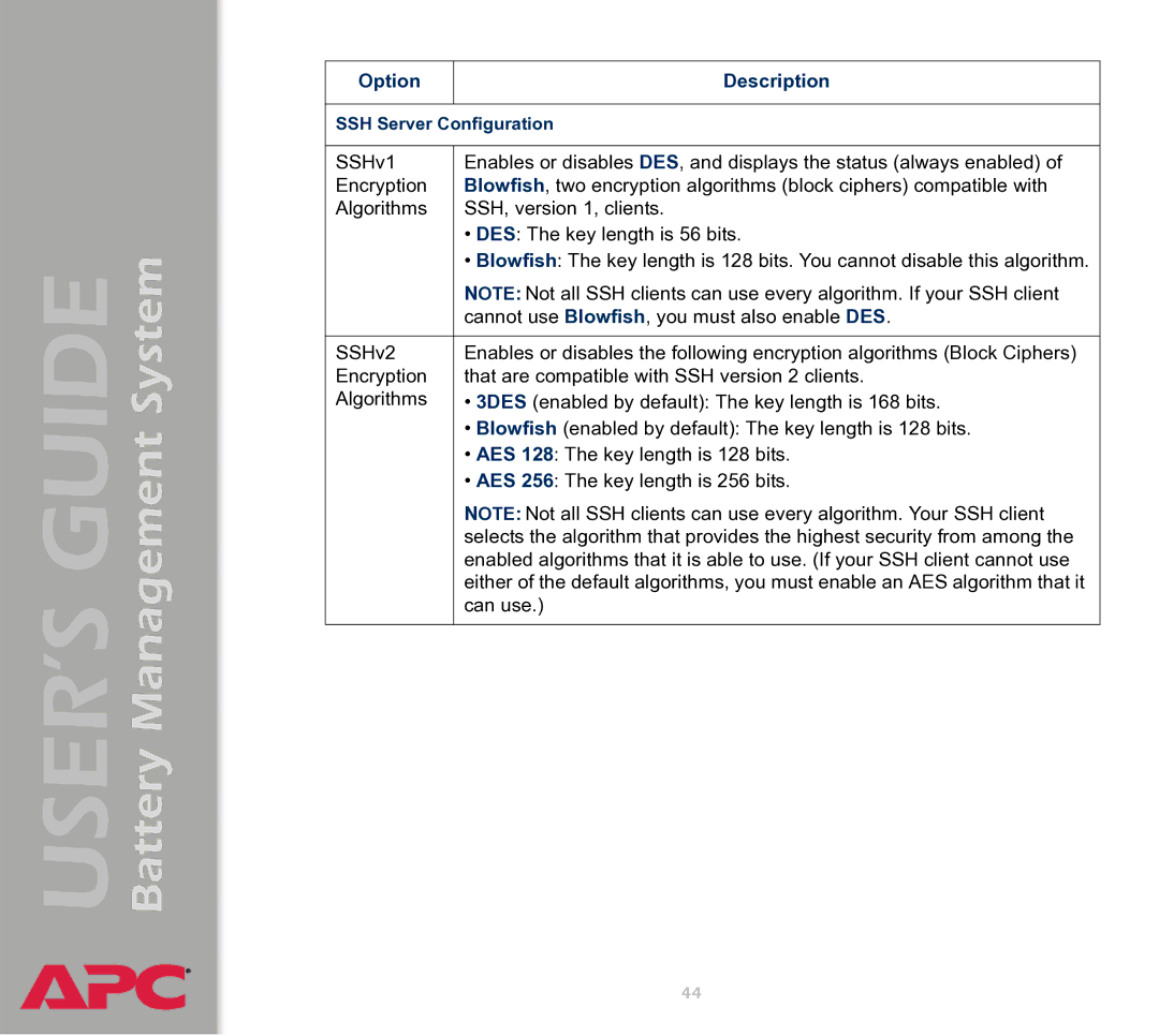 APC Battery Management System manual SSH Server Configuration 