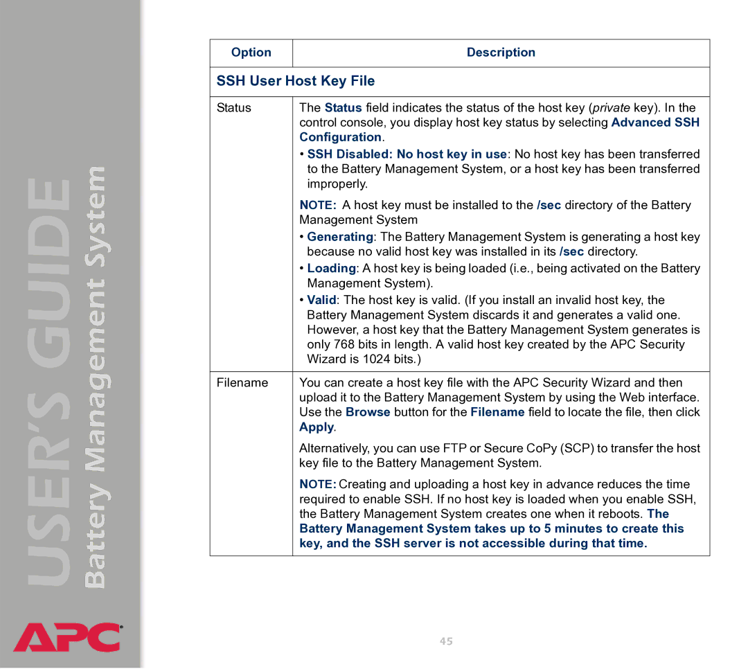 APC Battery Management System manual SSH User Host Key File, Configuration, Apply 