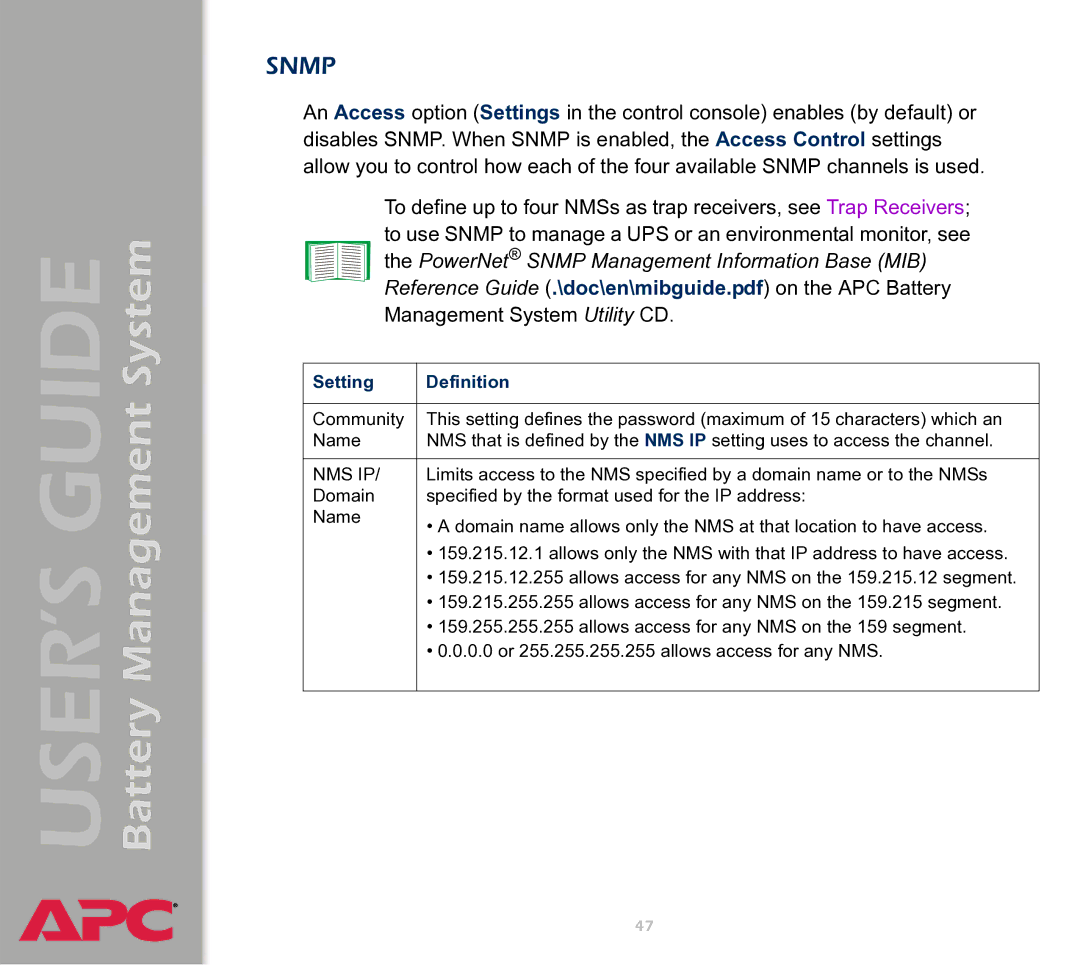 APC Battery Management System manual Snmp, Setting Definition 