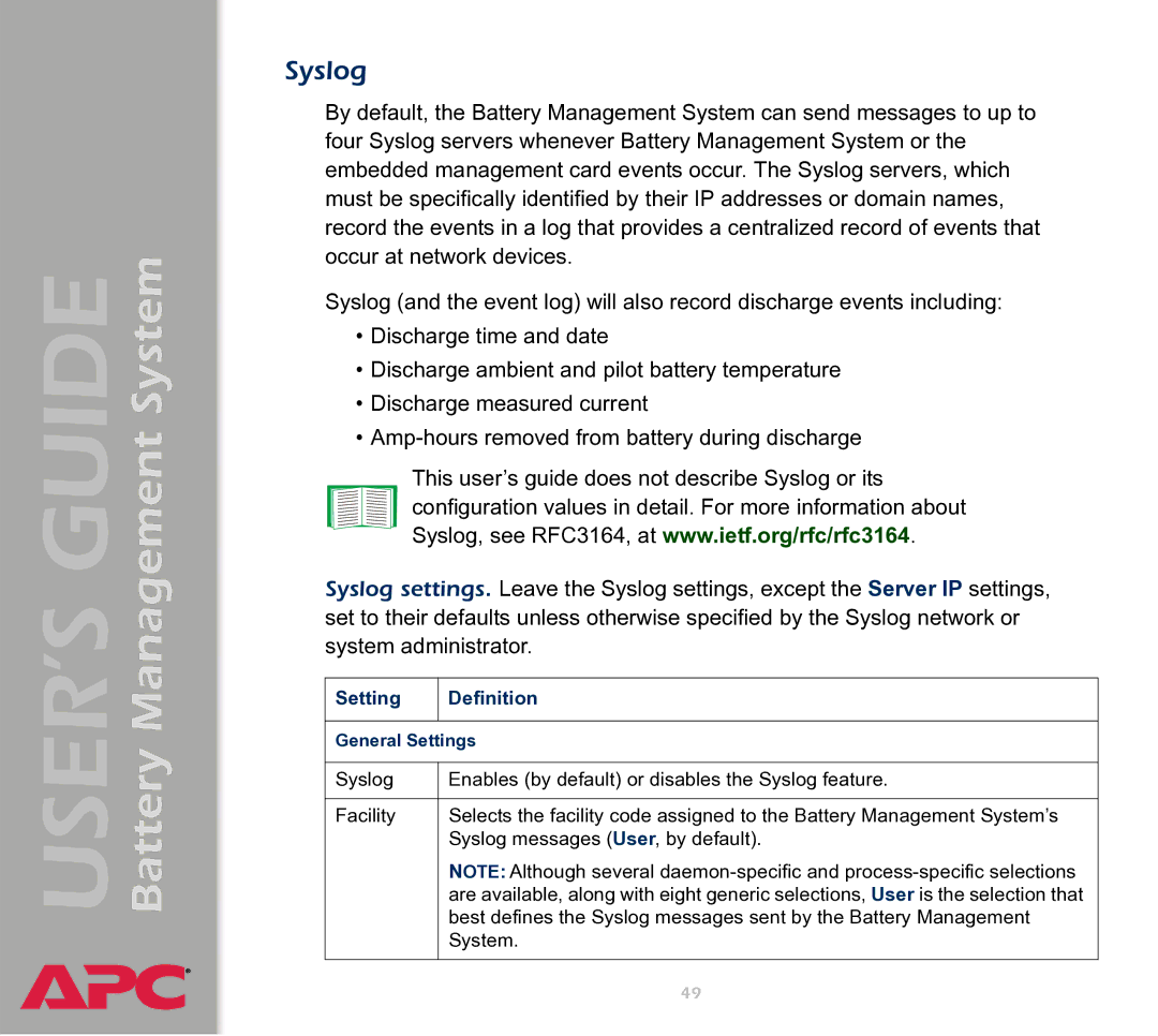 APC Battery Management System manual Syslog 