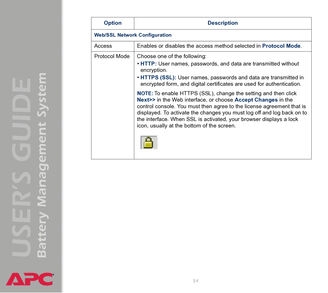 APC Battery Management System manual Web/SSL Network Configuration 