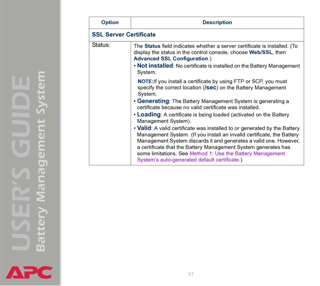 APC Battery Management System manual SSL Server Certificate, Advanced SSL Configuration 