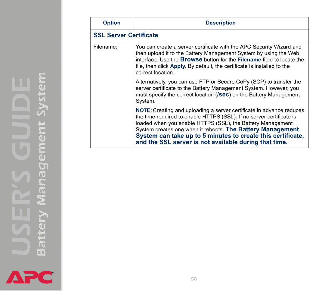 APC Battery Management System manual System can take up to 5 minutes to create this certificate 