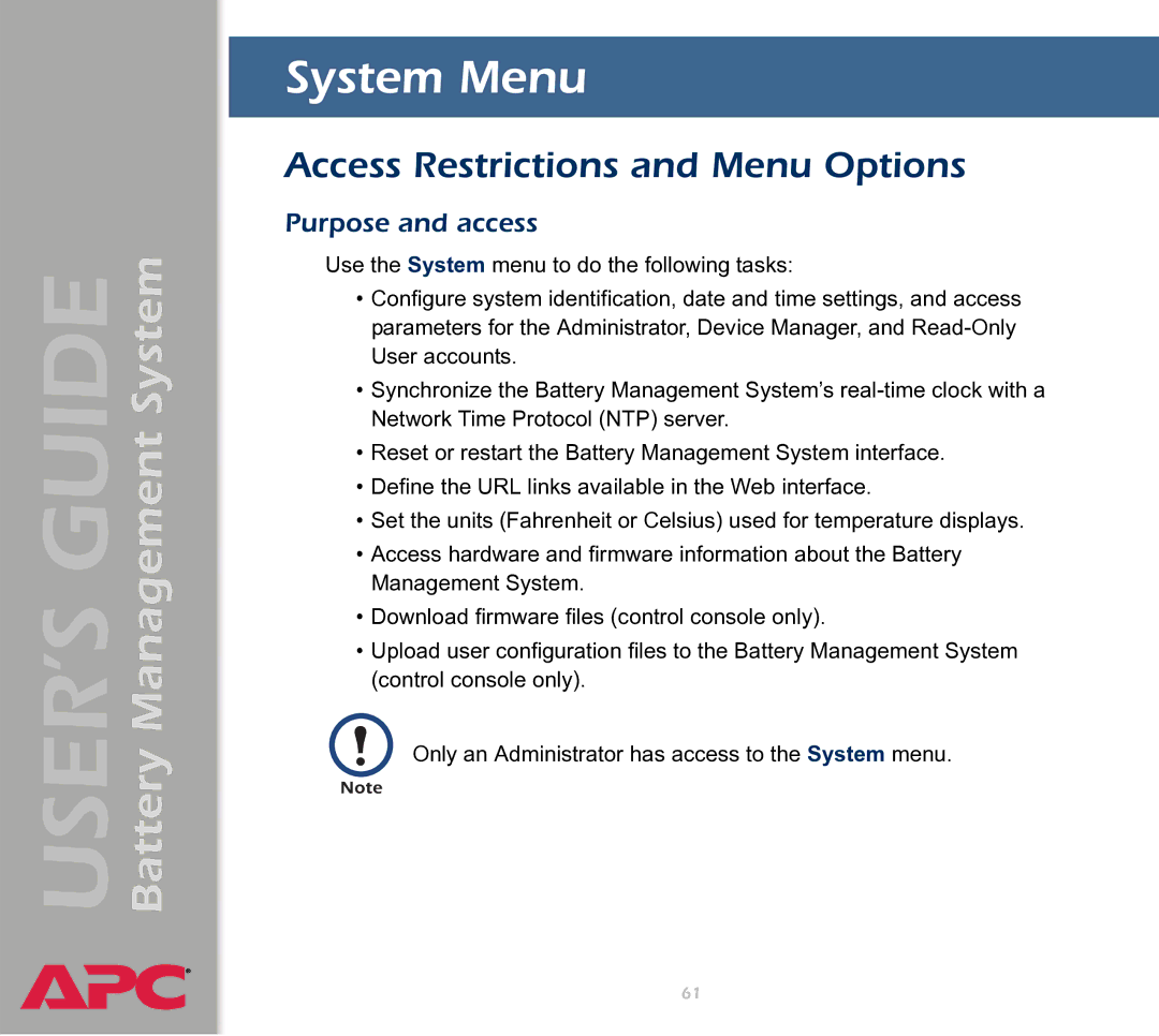 APC Battery Management System manual System Menu, Purpose and access 