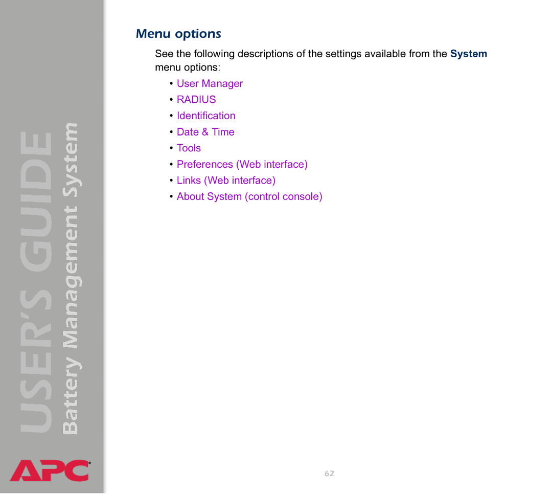 APC Battery Management System manual Radius 