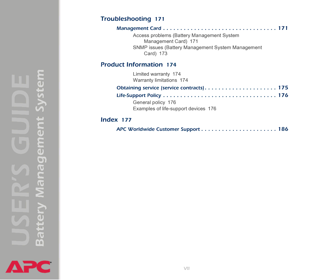 APC Battery Management System manual Index 