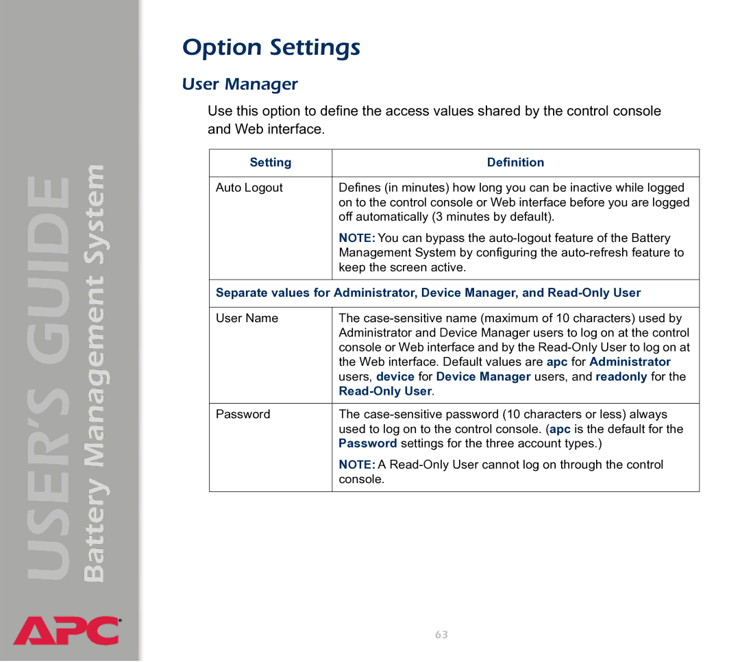 APC Battery Management System manual User Manager, Users, device for Device Manager users, and readonly for, Read-Only User 