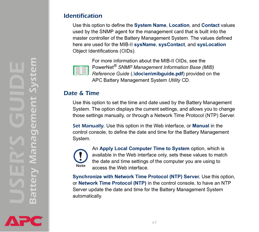 APC Battery Management System manual Identification, Date & Time 