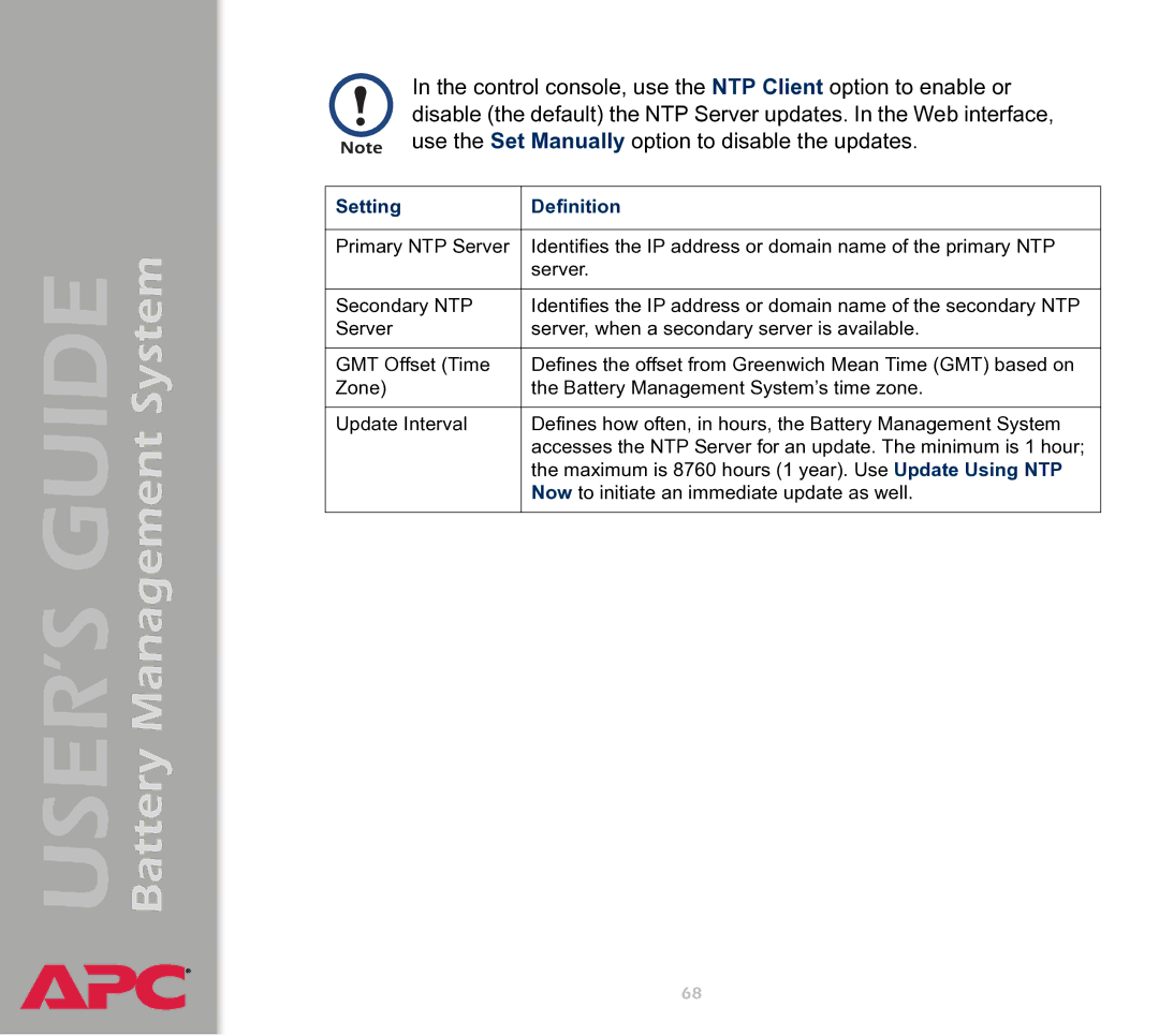 APC Battery Management System manual Setting Definition 