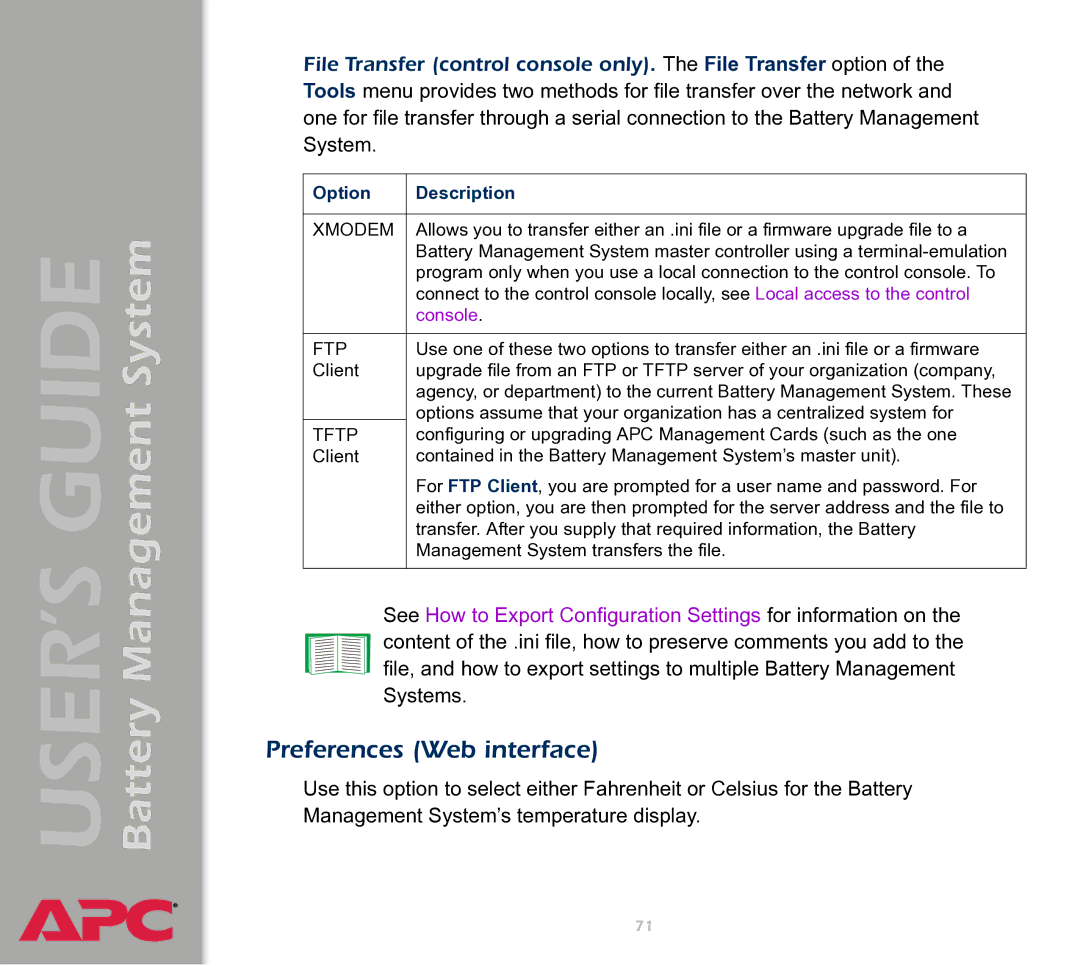 APC Battery Management System manual Preferences Web interface, Xmodem 