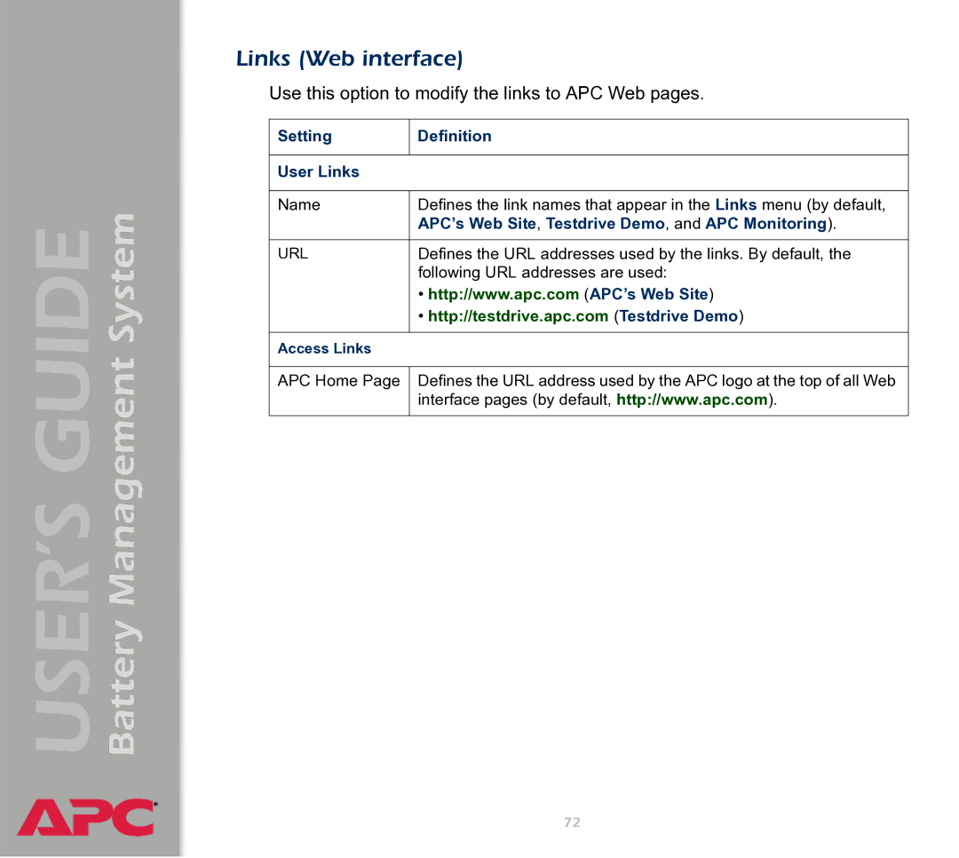 APC Battery Management System manual Links Web interface, Setting Definition User Links 