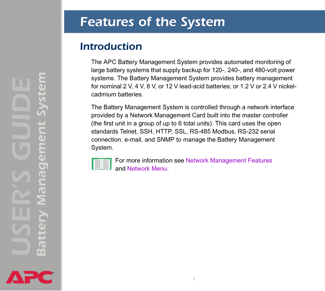 APC Battery Management System manual Features of the System, Introduction 