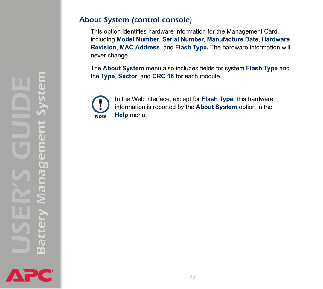 APC Battery Management System manual About System control console 