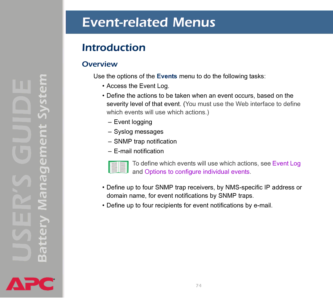 APC Battery Management System manual Event-related Menus, Overview 