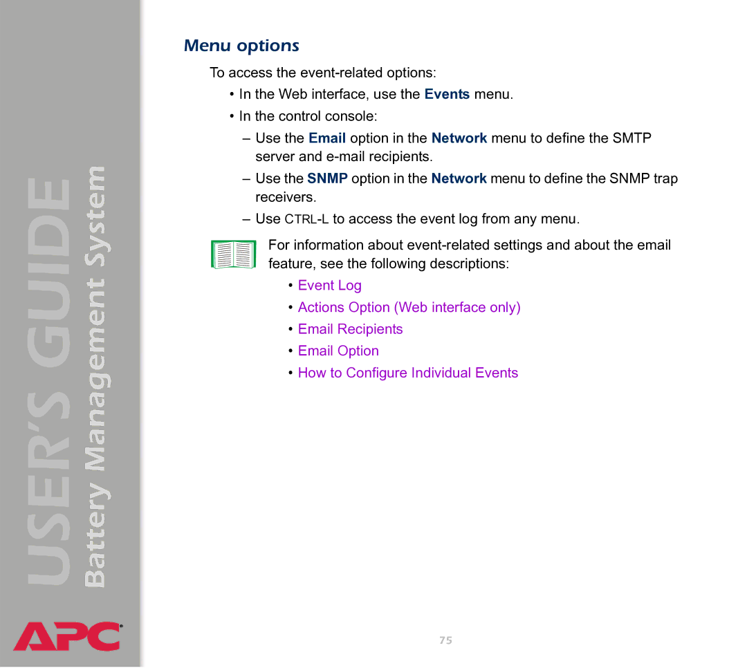 APC Battery Management System manual Menu options 