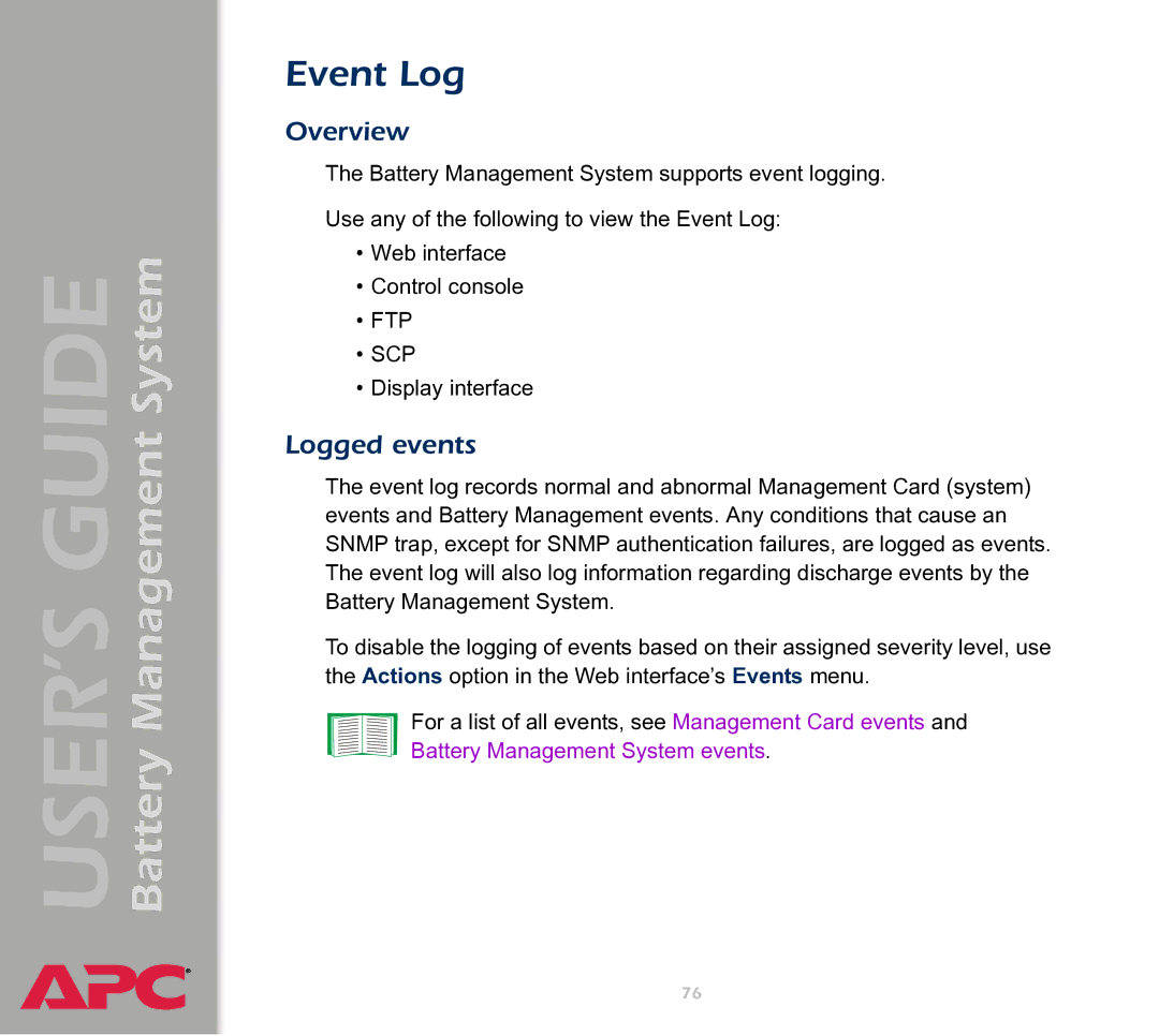 APC Battery Management System manual Event Log, Logged events 