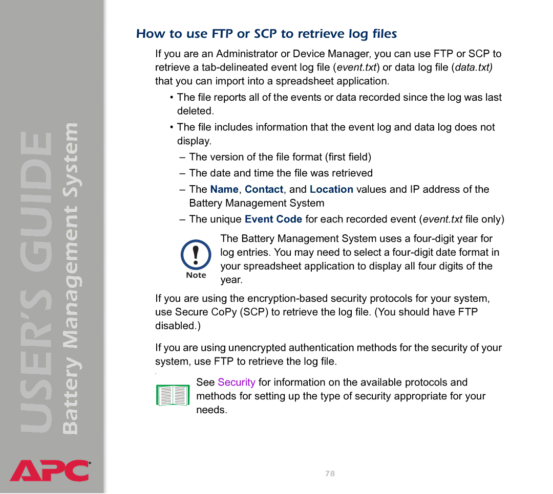 APC Battery Management System manual How to use FTP or SCP to retrieve log files 