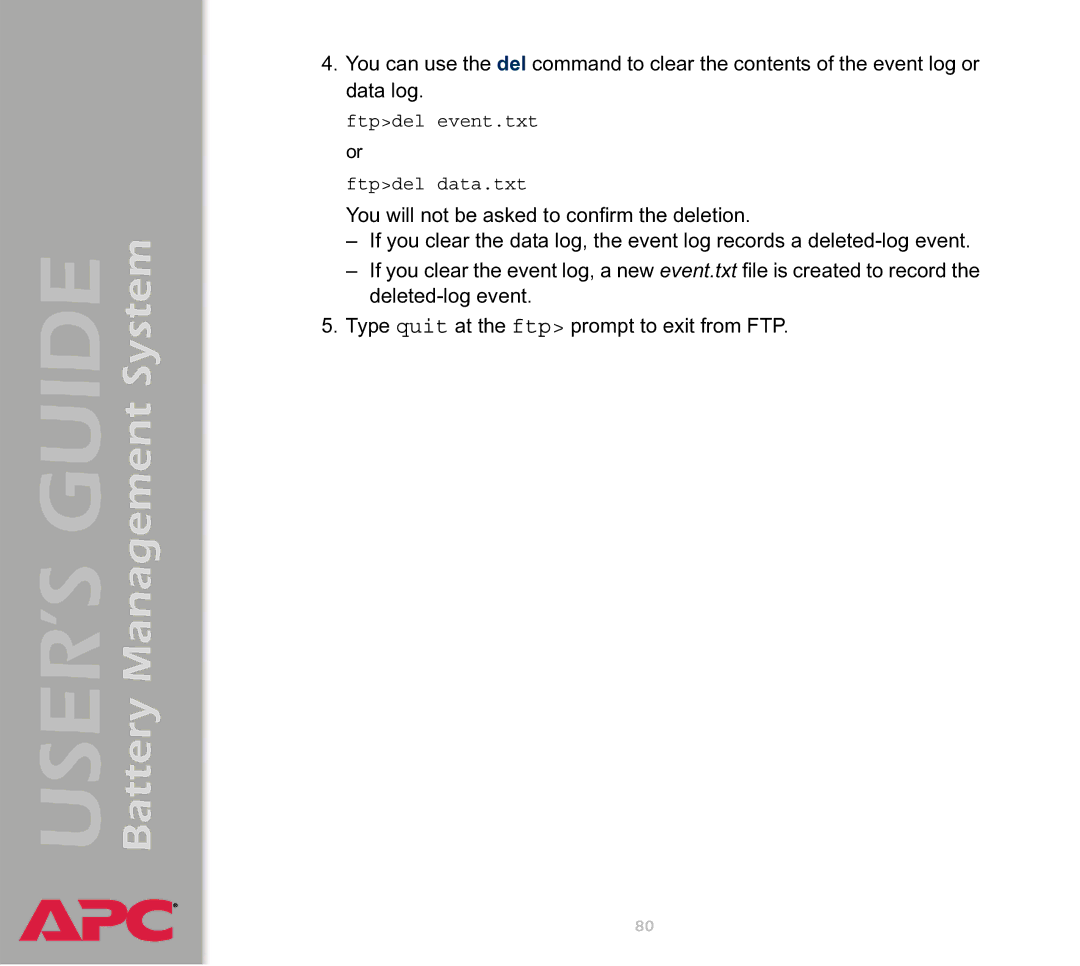 APC Battery Management System manual Ftpdel event.txt or Ftpdel data.txt 