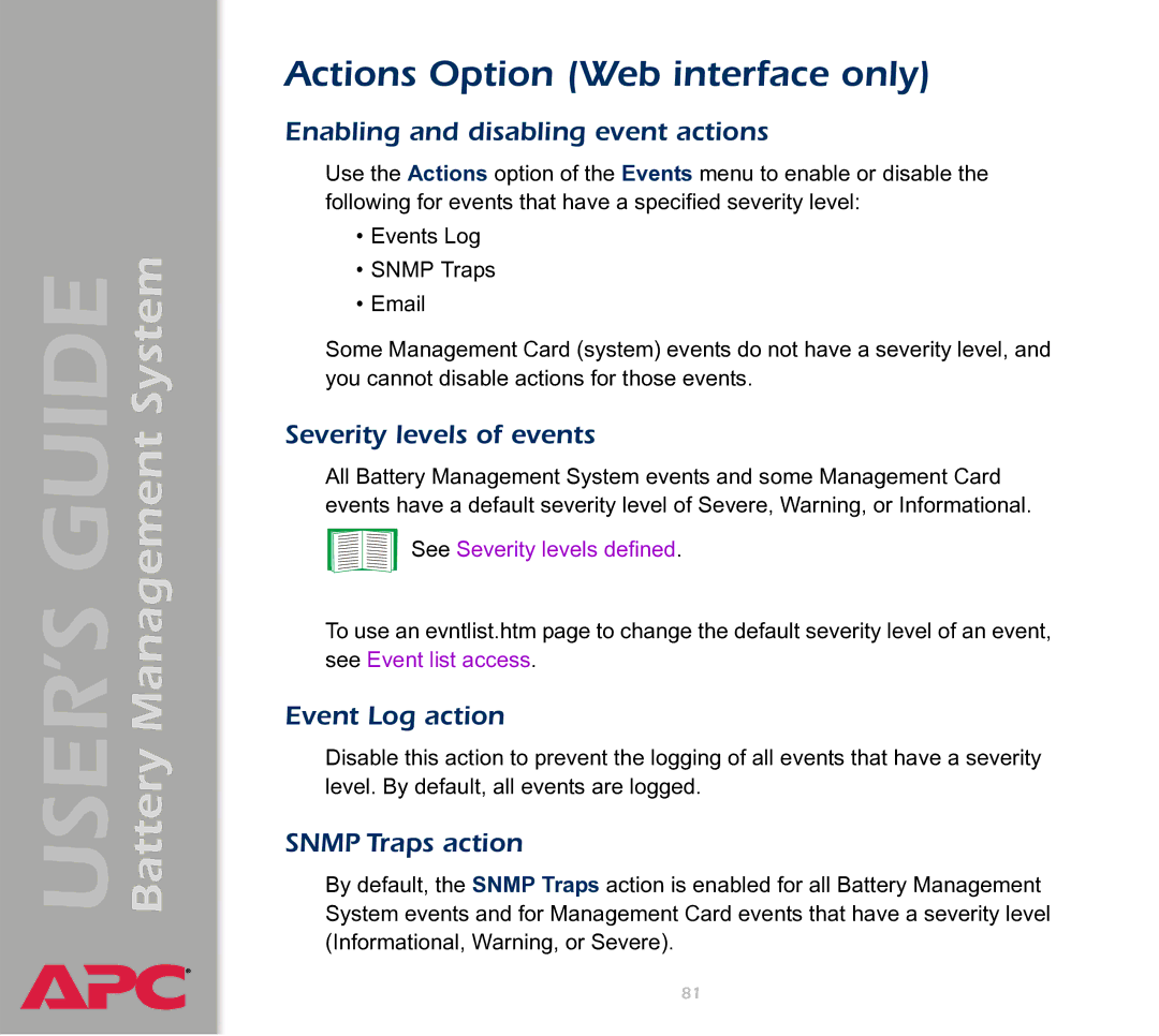 APC Battery Management System Actions Option Web interface only, Enabling and disabling event actions, Event Log action 