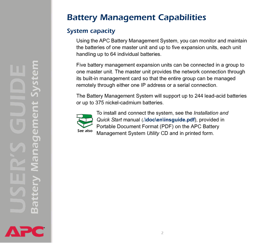 APC Battery Management System manual Battery Management Capabilities, System capacity 