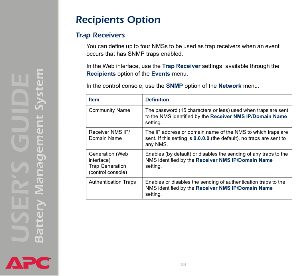 APC Battery Management System manual Recipients Option, Trap Receivers, NMS identified by the Receiver NMS IP/Domain Name 