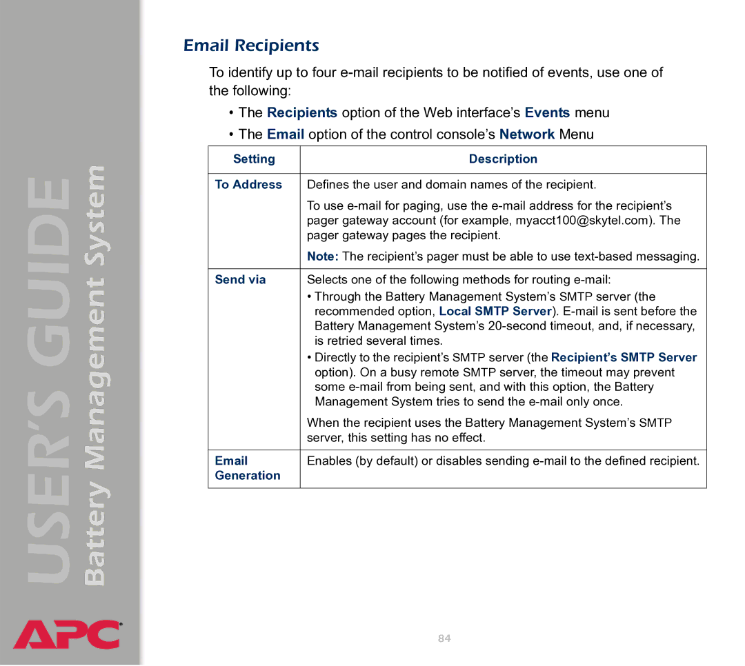 APC Battery Management System manual Email Recipients, Setting Description To Address, Send via, Generation 