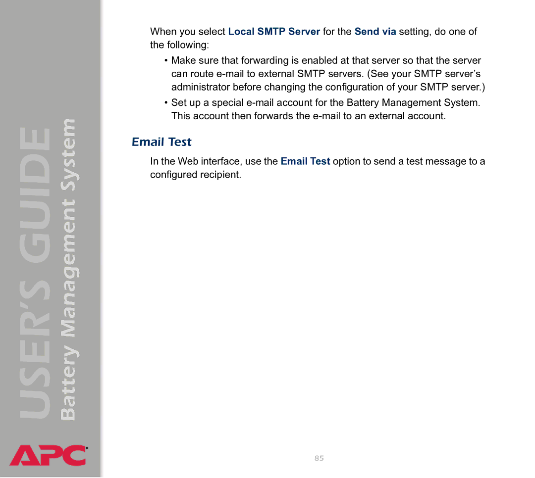 APC Battery Management System manual Email Test 