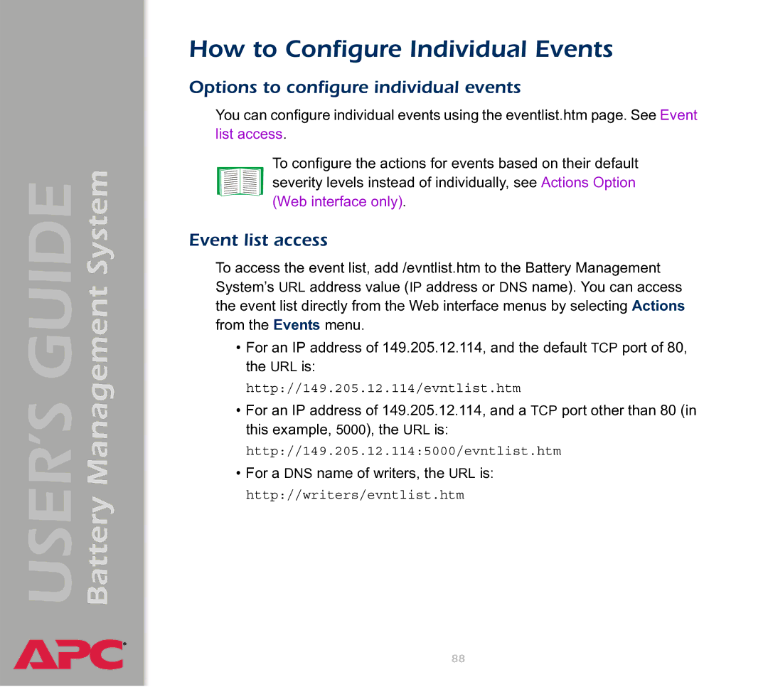 APC Battery Management System manual How to Configure Individual Events, Options to configure individual events 