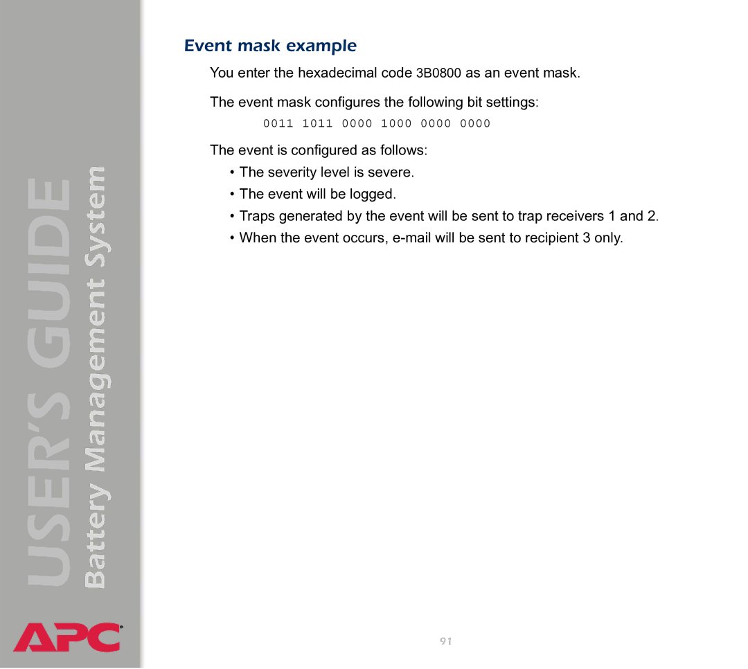 APC Battery Management System manual Event mask example 