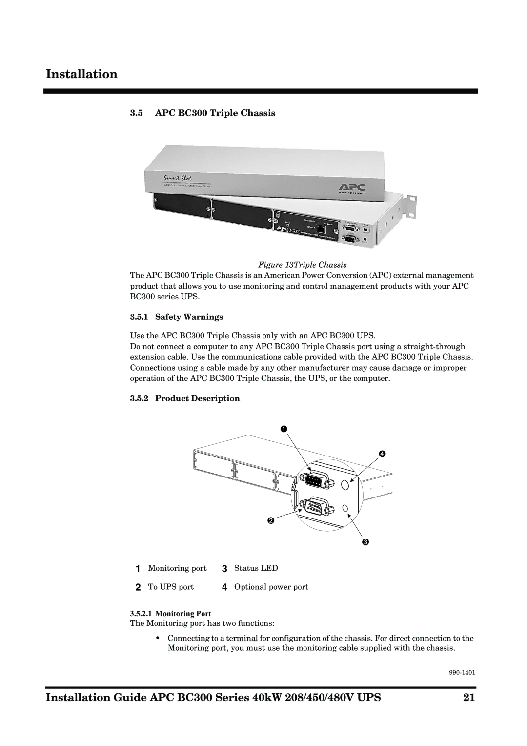 APC BC300 Series manual APC BC300 Triple Chassis, Safety Warnings, Product Description, Monitoring Port 