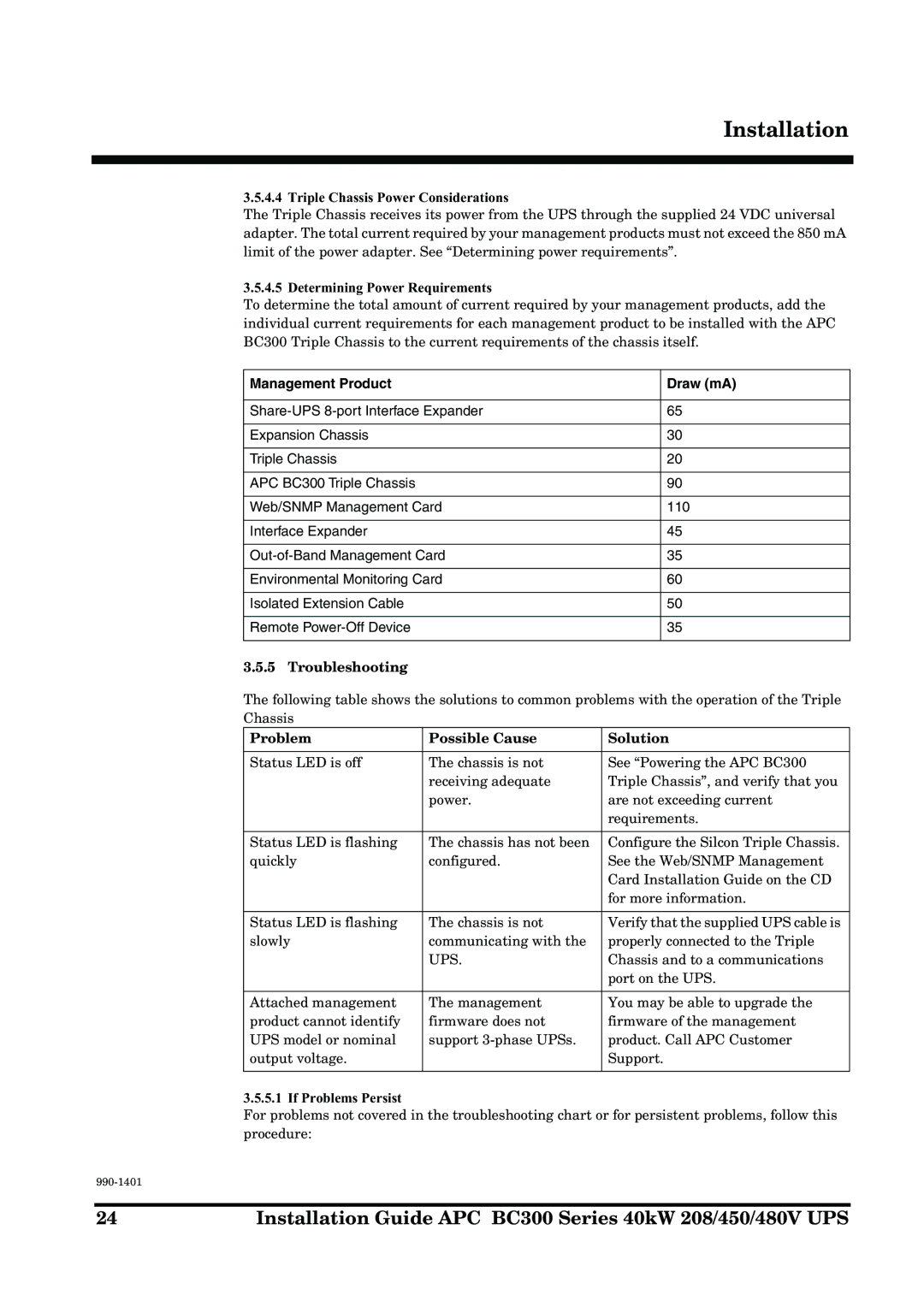 APC BC300 Series Triple Chassis Power Considerations, Determining Power Requirements, Troubleshooting, If Problems Persist 