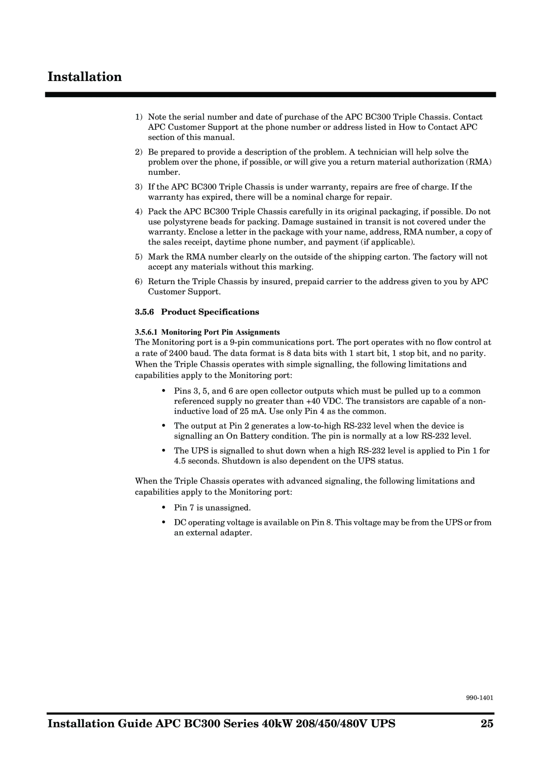 APC BC300 Series manual Product Specifications Monitoring Port Pin Assignments 