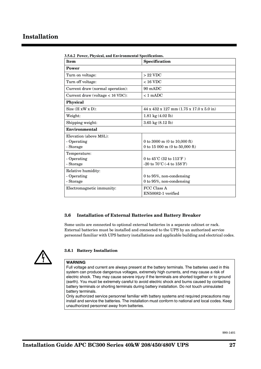 APC BC300 Series Installation of External Batteries and Battery Breaker, Power, Physical, and Environmental Specifications 