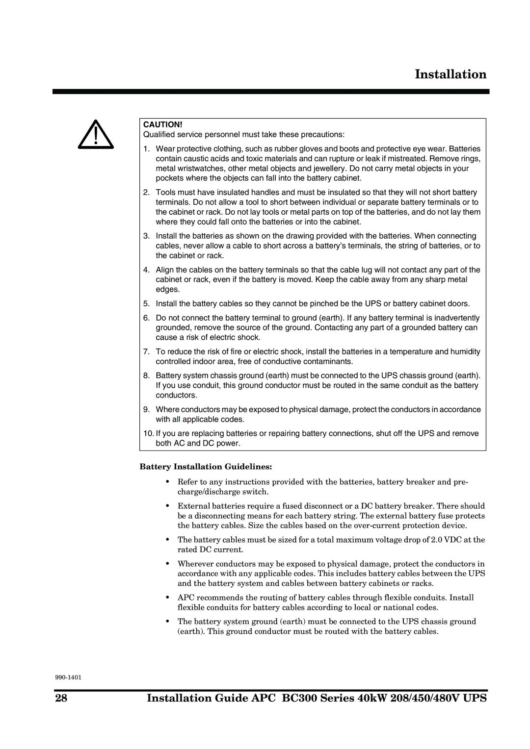 APC BC300 Series manual Battery Installation Guidelines 