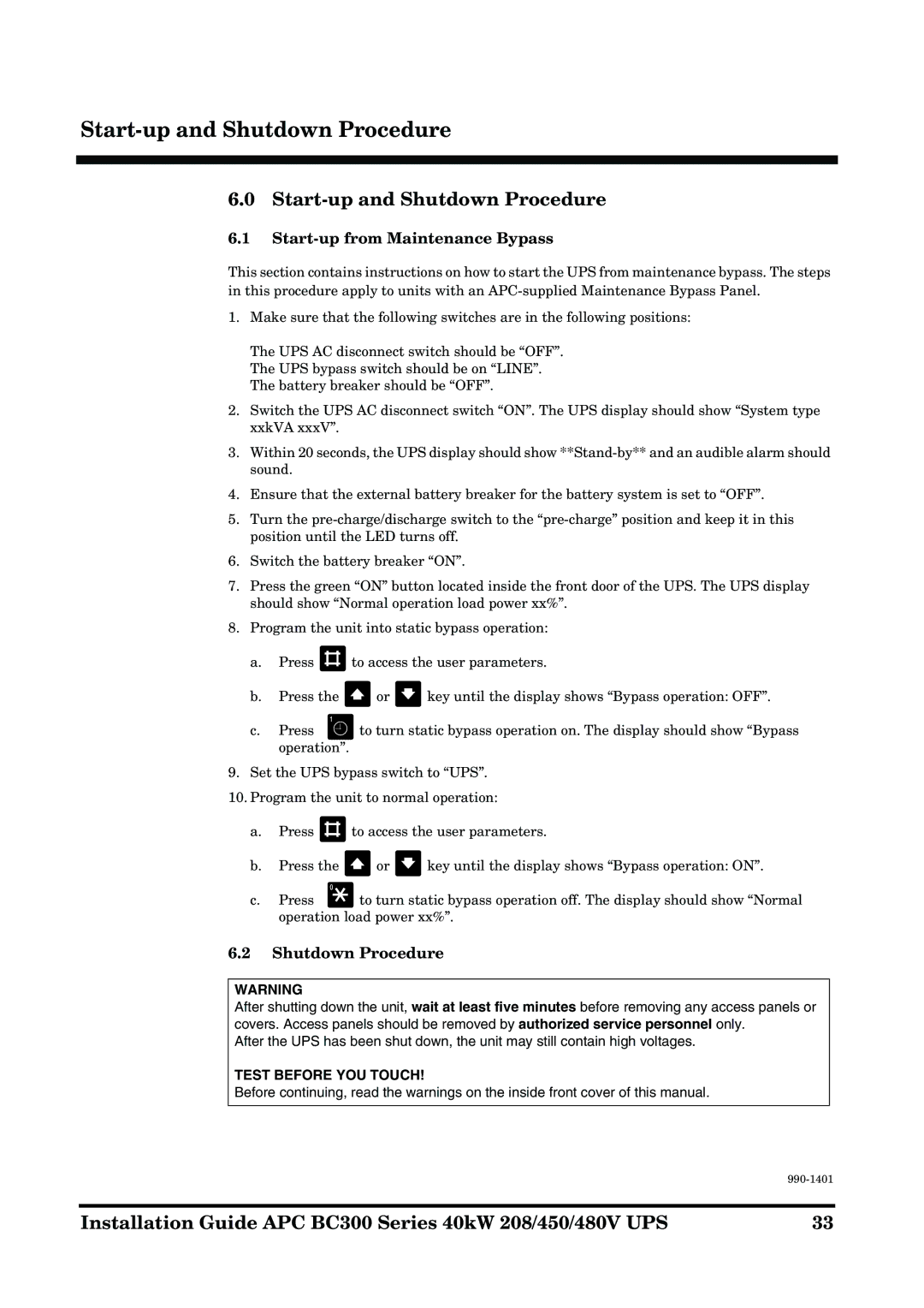 APC BC300 Series manual Start-up and Shutdown Procedure, Start-up from Maintenance Bypass 