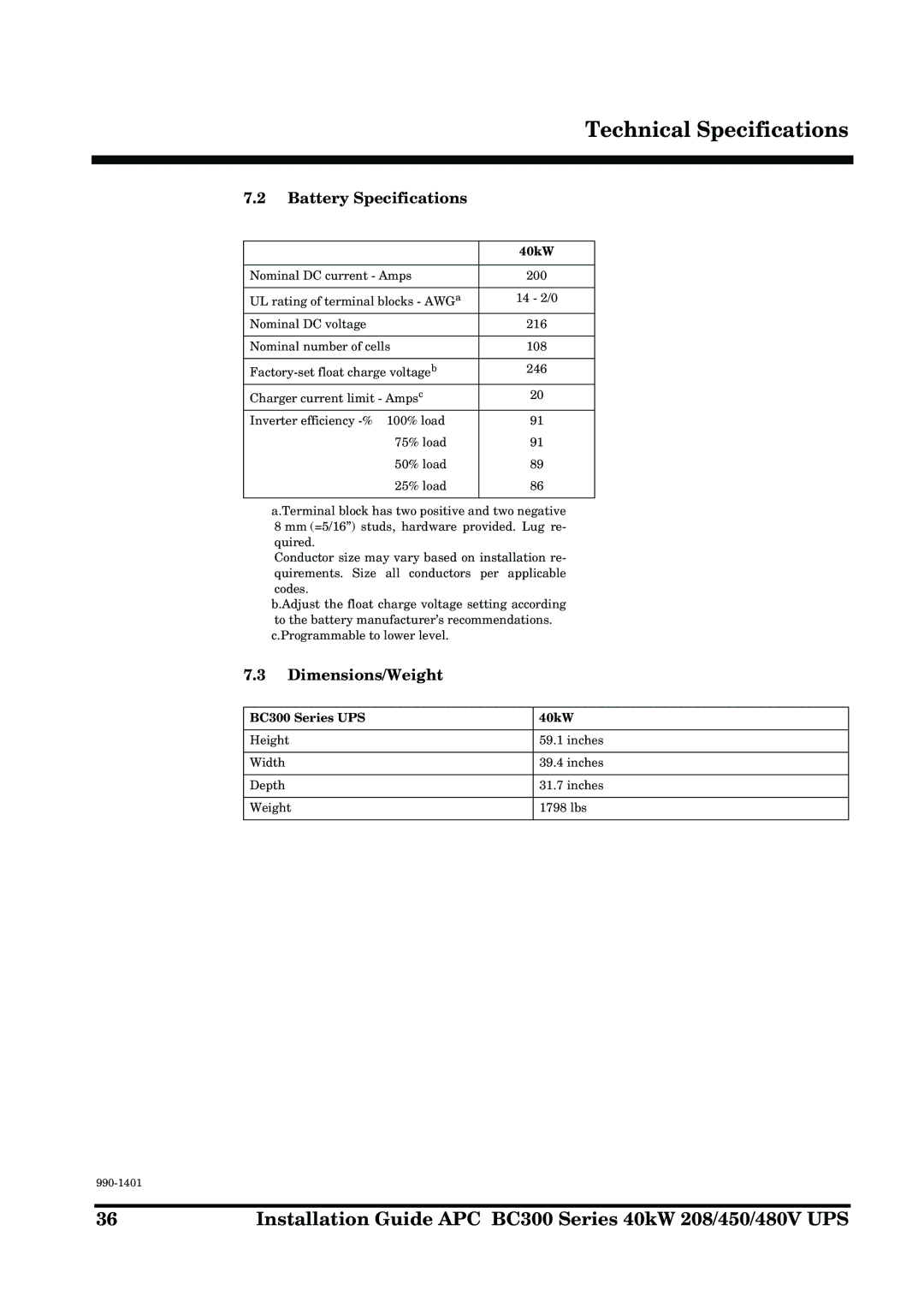 APC BC300 Series manual Battery Specifications, Dimensions/Weight 