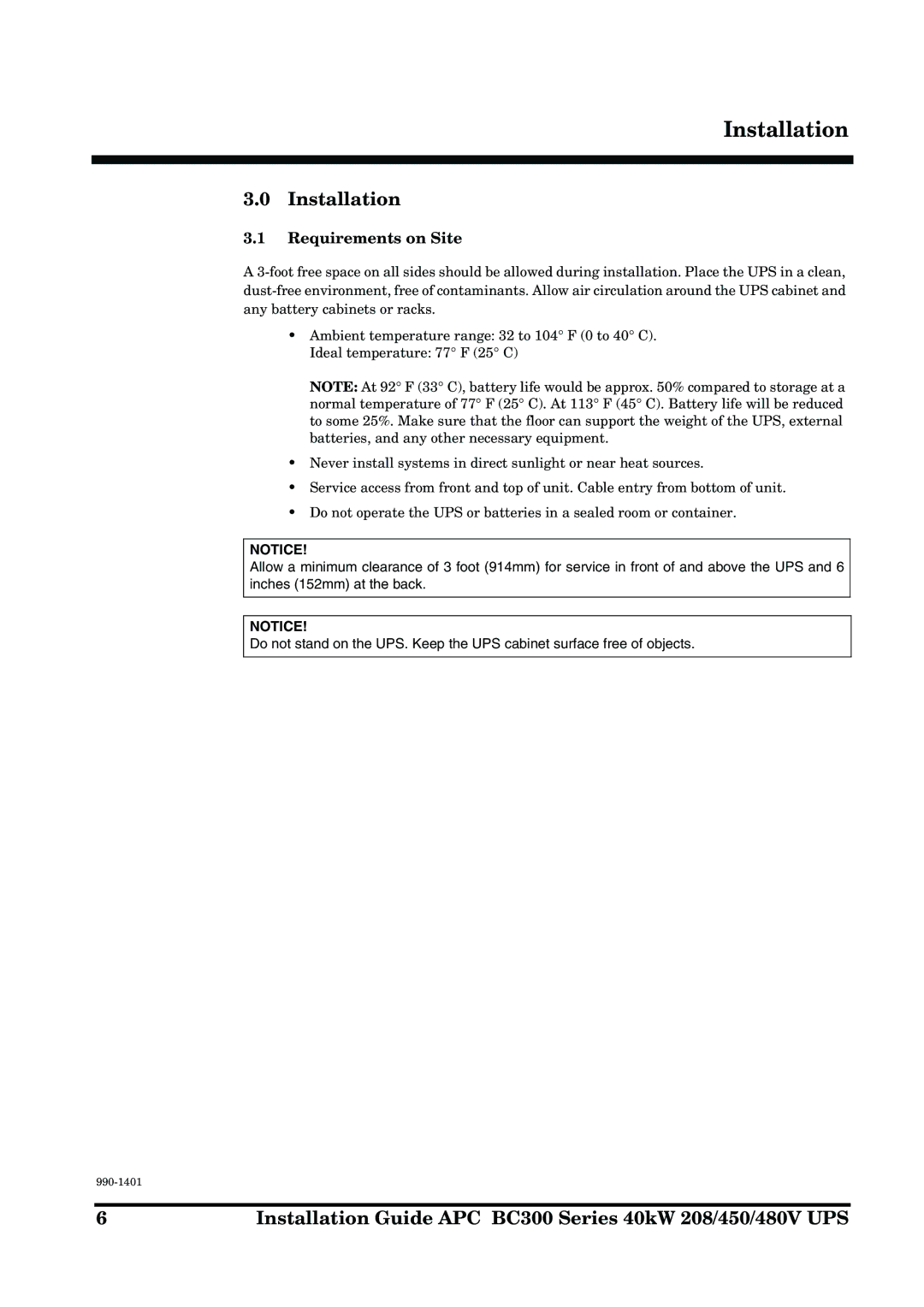 APC BC300 Series manual Installation, Requirements on Site 