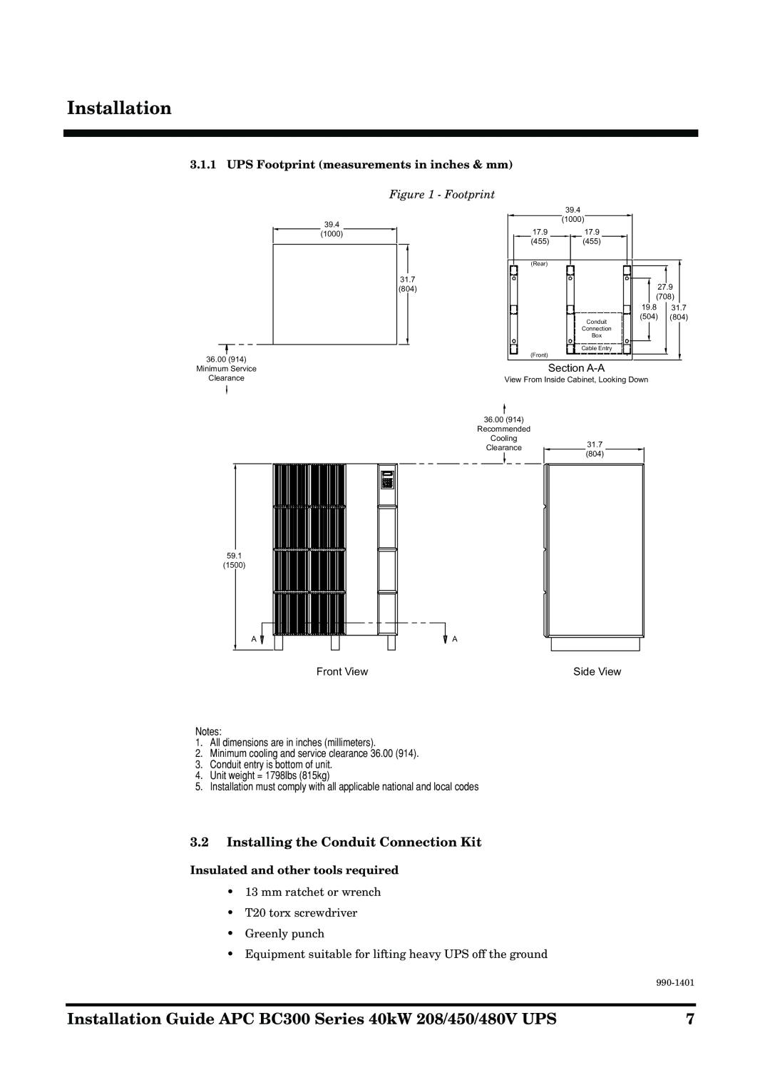 APC BC300 Series manual Installing the Conduit Connection Kit, UPS Footprint measurements in inches & mm Footprint 